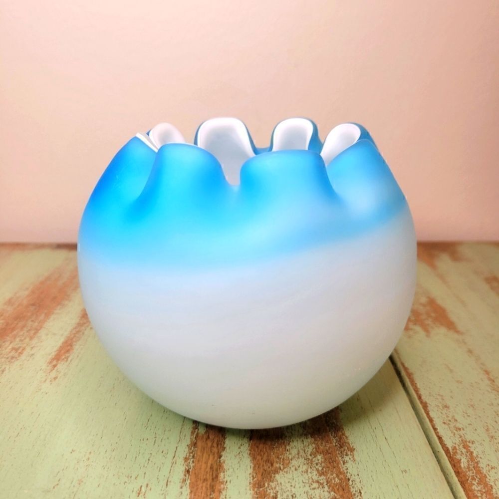 Fenton Blue Satin Glass Crimmped Ruffle Edge MCM Art Glass Bowl